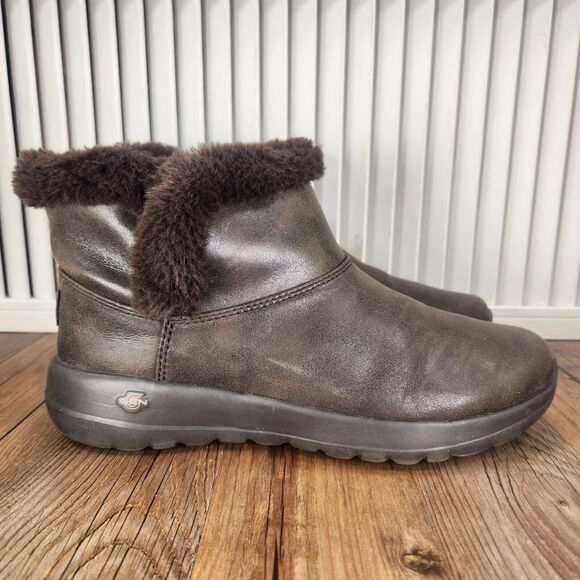 Womens 9 Skechers On the Go Joy Endeavor Chocolate Faux Fur Ankle Booties Boots - Picture 1 of 11